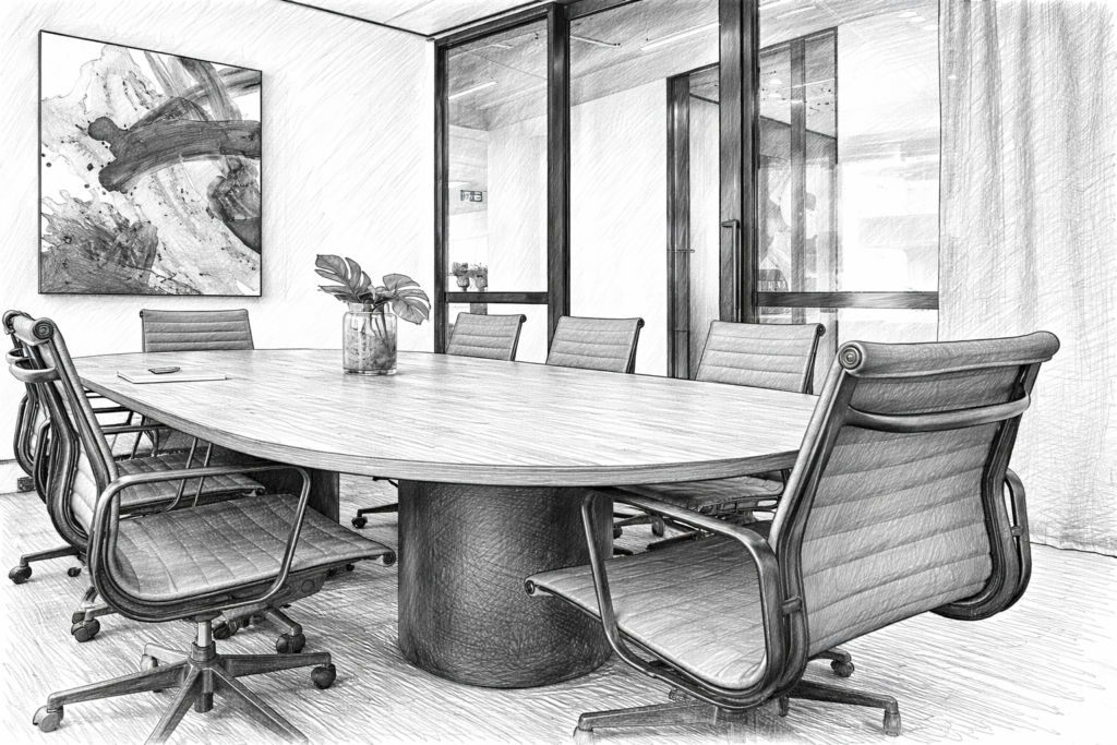 Grayscale illustration of a commercial facility setting for Loom’s Palo Alto janitorial service area