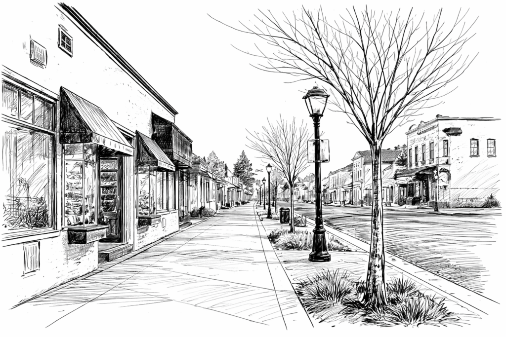 Grayscale illustration of a commercial facility setting for Loom’s Sonoma janitorial service area
