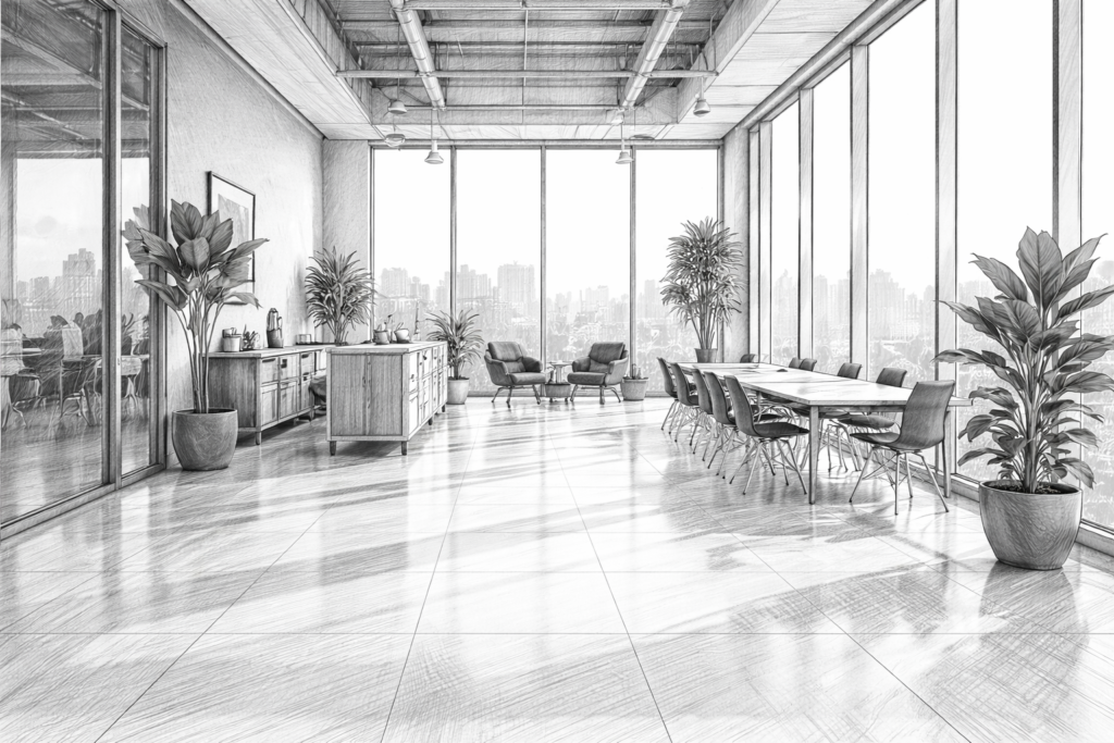 Grayscale illustration of an office lounge setting for Loom’s Santa Cruz janitorial service area