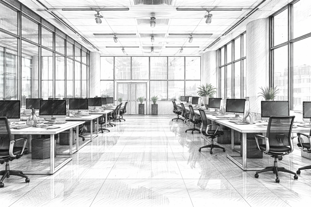 Grayscale illustration of an open office setting for Loom’s Stockton janitorial service area