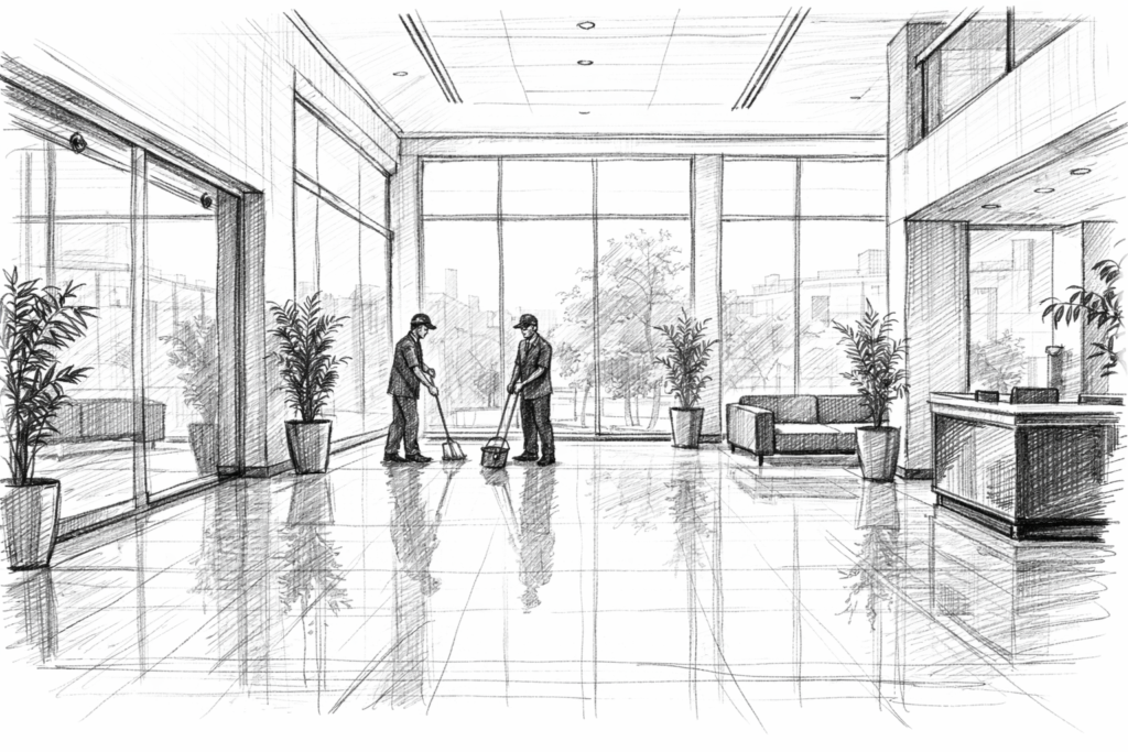 Grayscale illustration of a commercial facility setting for Loom’s Sunnyvale janitorial service area
