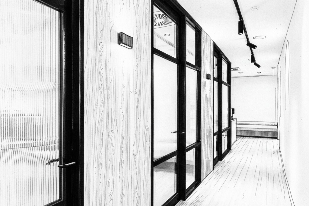 Grayscale illustration of a commercial facility setting for Loom’s Tracy janitorial service area