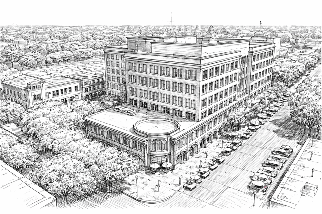 Grayscale illustration of a commercial facility setting for Loom’s Chico janitorial service area