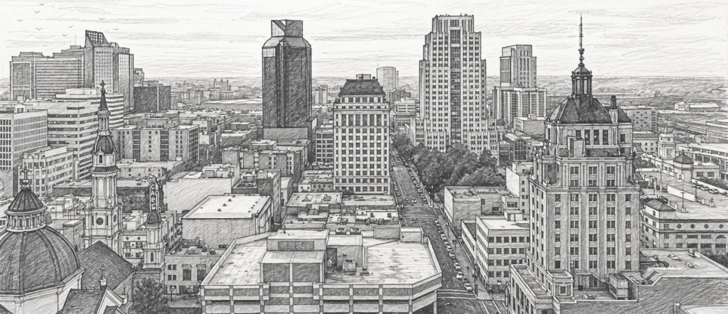 Grayscale illustration of a commercial facility setting for Loom’s Bakersfield janitorial service area