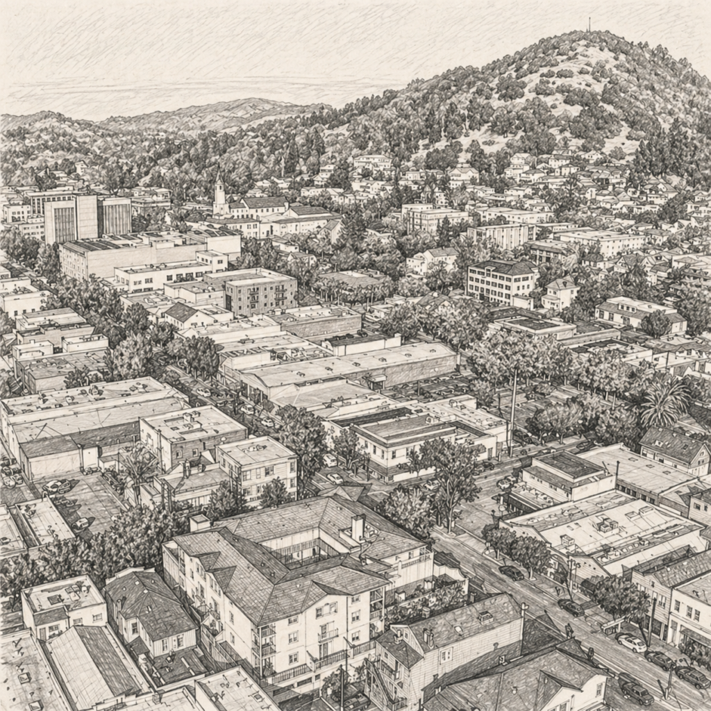Grayscale illustration of a commercial facility setting for Loom’s Napa janitorial service area