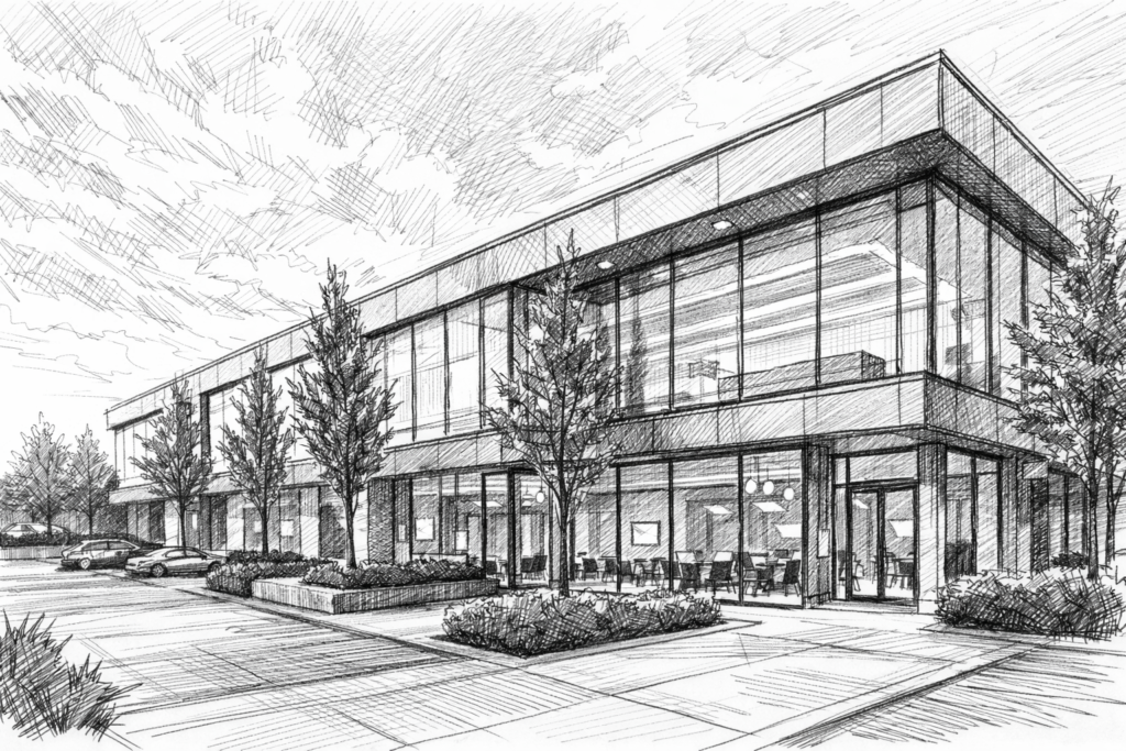 Grayscale illustration of a commercial office setting for Loom’s San Jose janitorial service area
