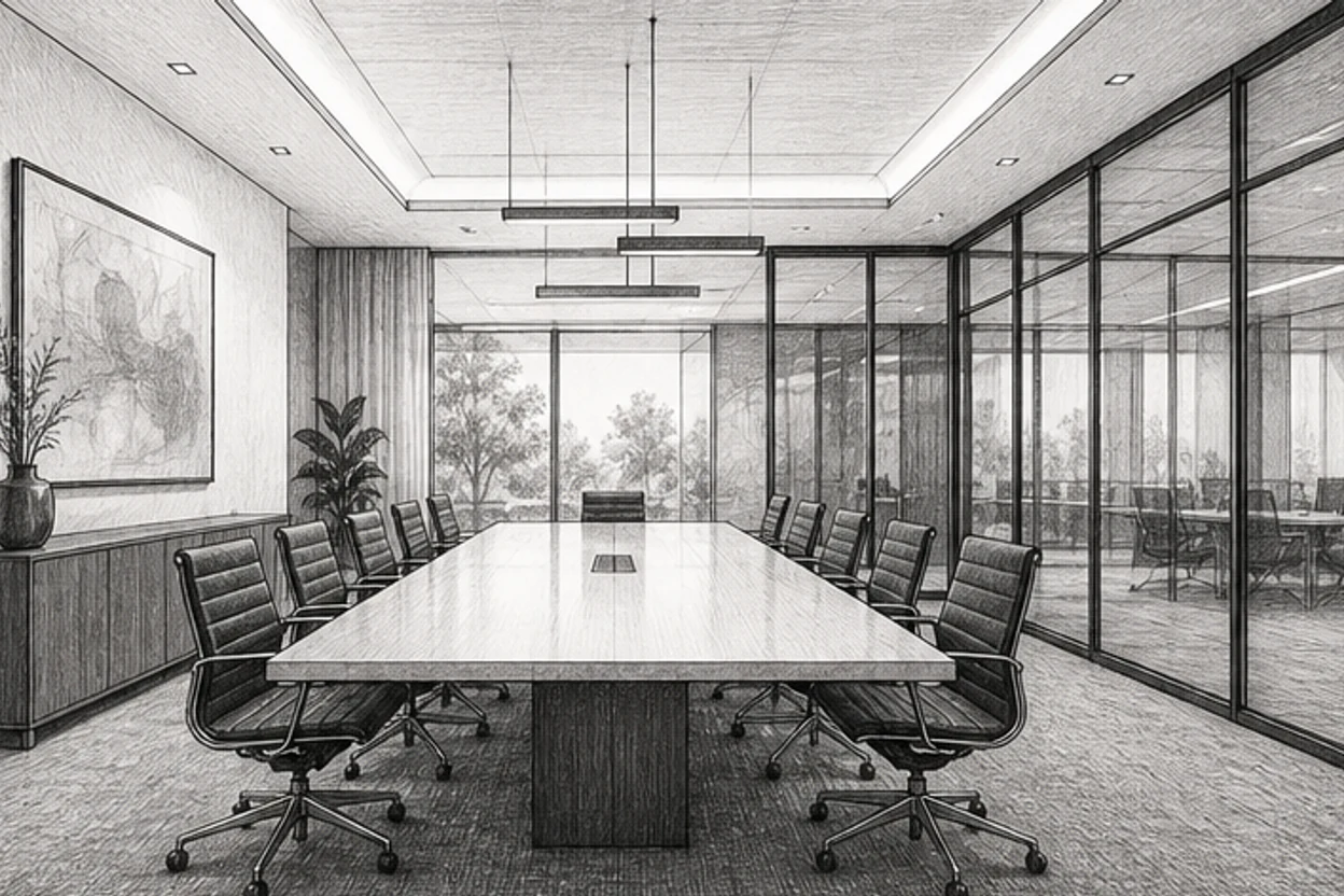 Grayscale pencil illustration of a commercial conference room