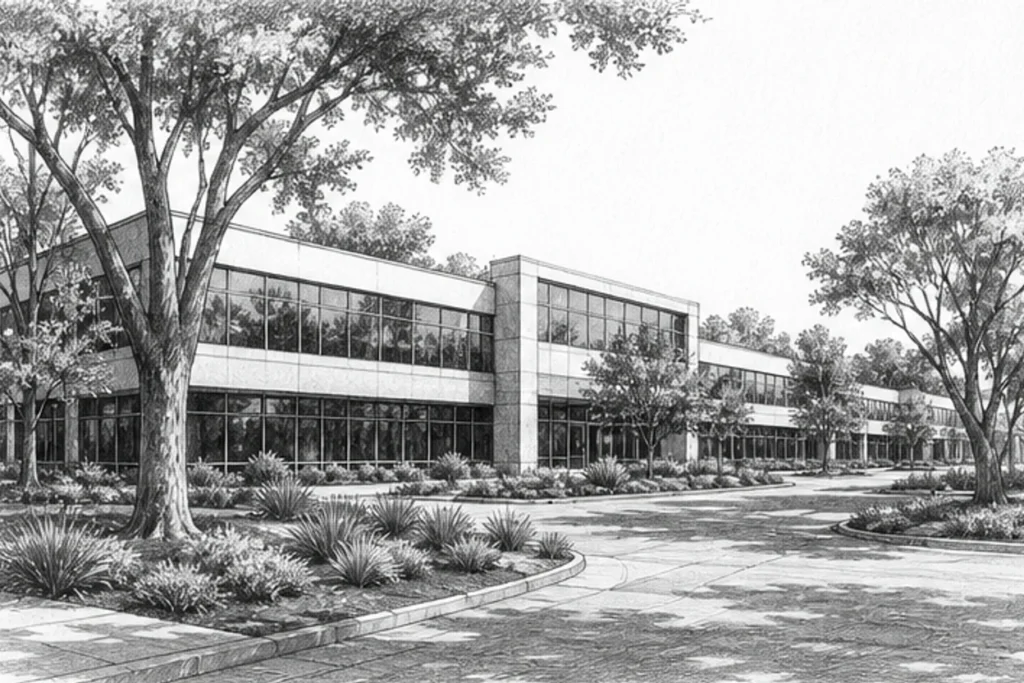 Grayscale illustration of a commercial facility setting for Loom’s Rancho Cordova janitorial service area