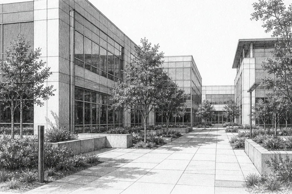 Grayscale illustration of a commercial facility setting for Loom’s San Mateo janitorial service area