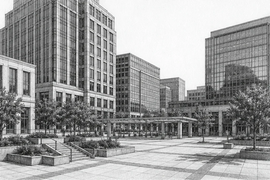 Grayscale illustration of a commercial facility setting for Loom’s Merced janitorial service area