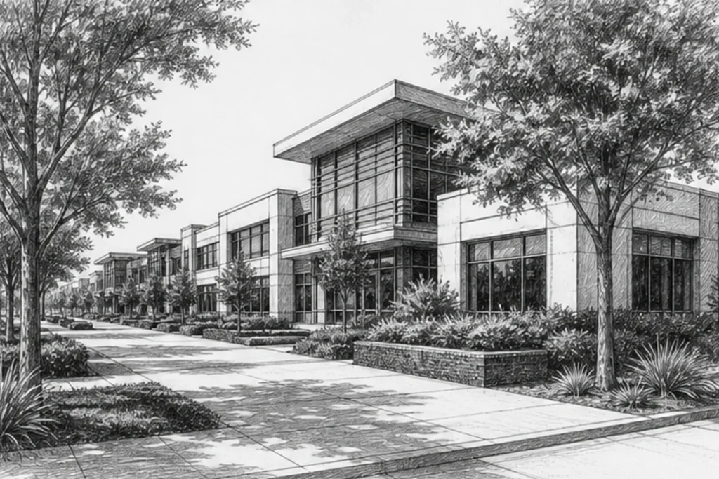 Grayscale illustration of a commercial facility setting for Loom’s Elk Grove janitorial service area