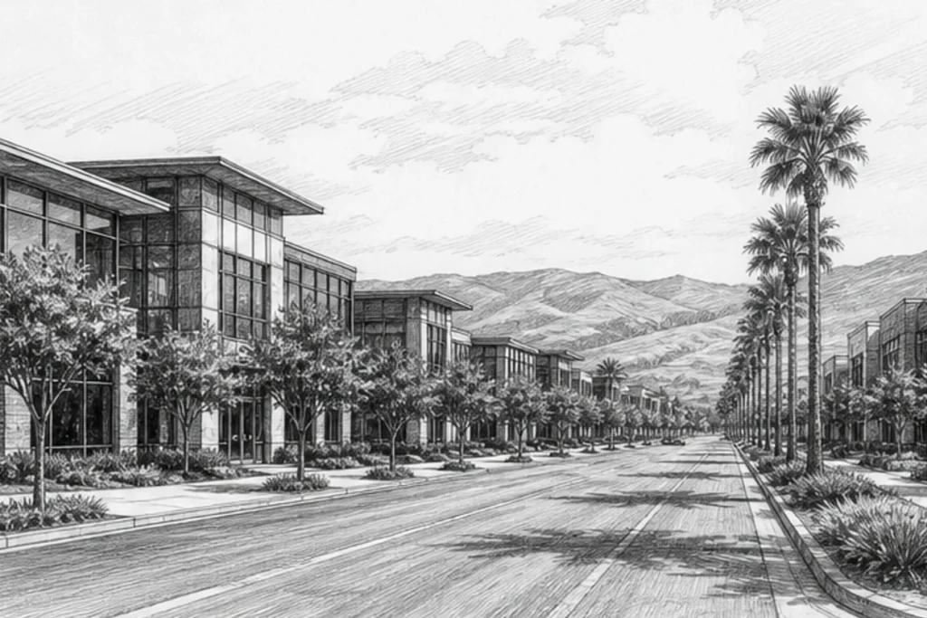 Grayscale illustration of a commercial facility setting for Loom’s San Luis Obispo janitorial service area