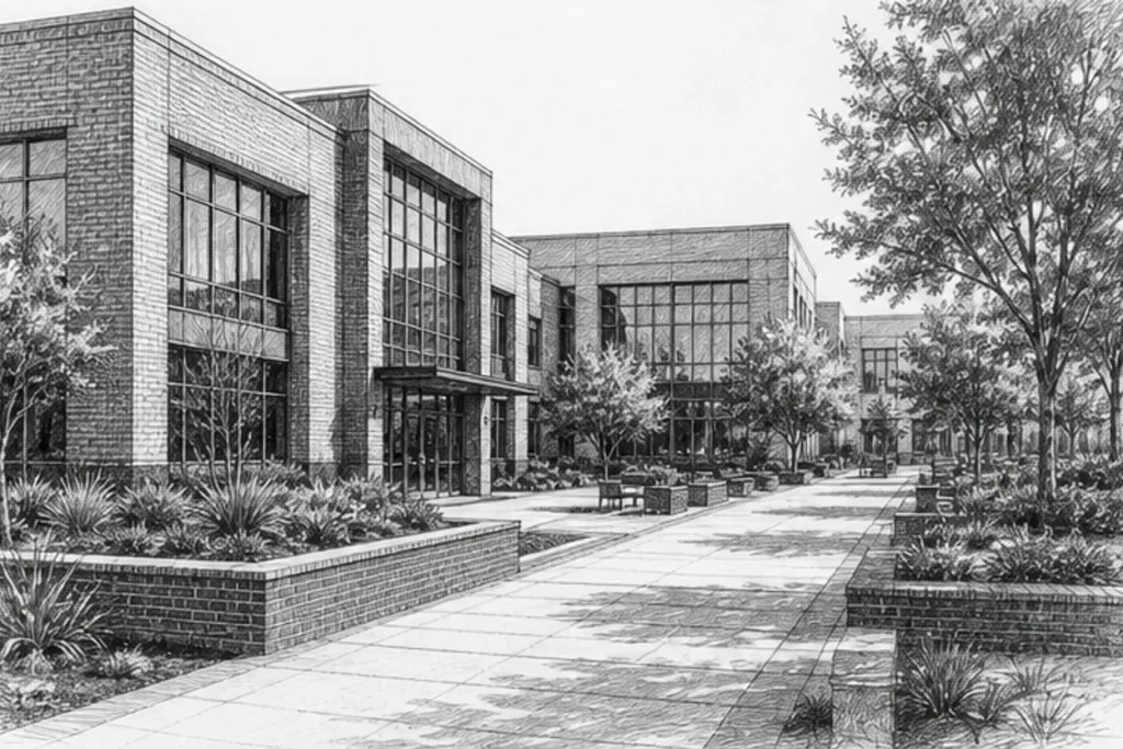 Grayscale illustration of a commercial facility setting for Loom’s Manteca janitorial service area