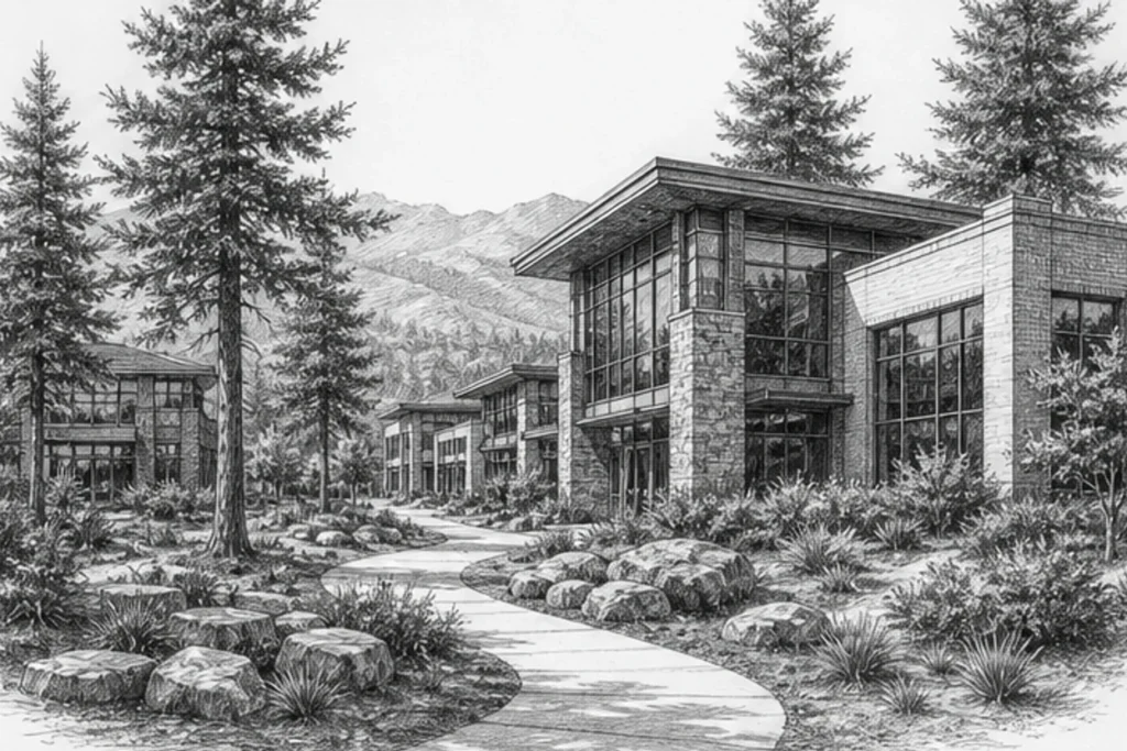 Grayscale illustration of a commercial facility setting for Loom’s Redding janitorial service area