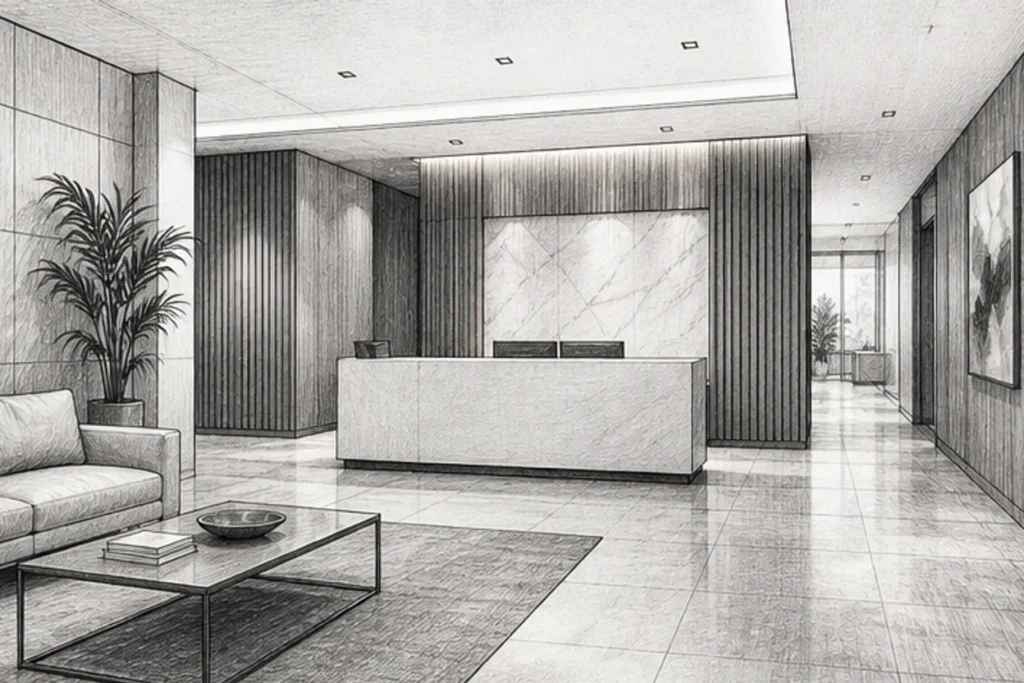 Grayscale illustration of a modern commercial reception area