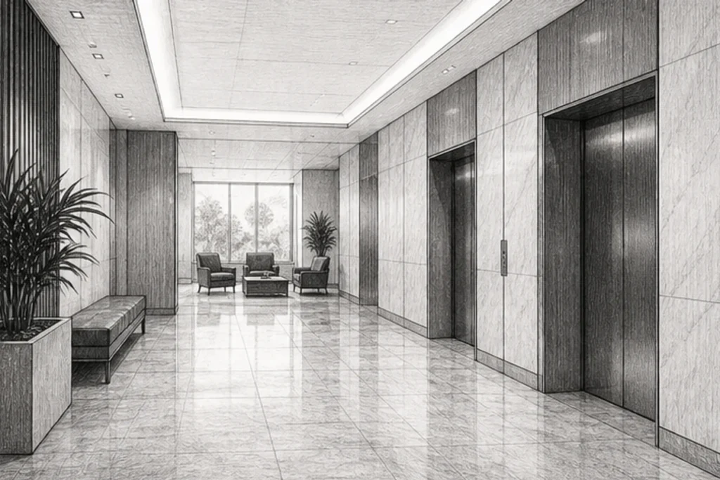 Grayscale illustration of a maintained commercial office lobby