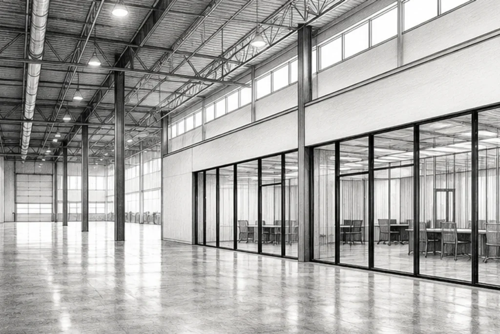 Grayscale illustration of an empty light-industrial facility