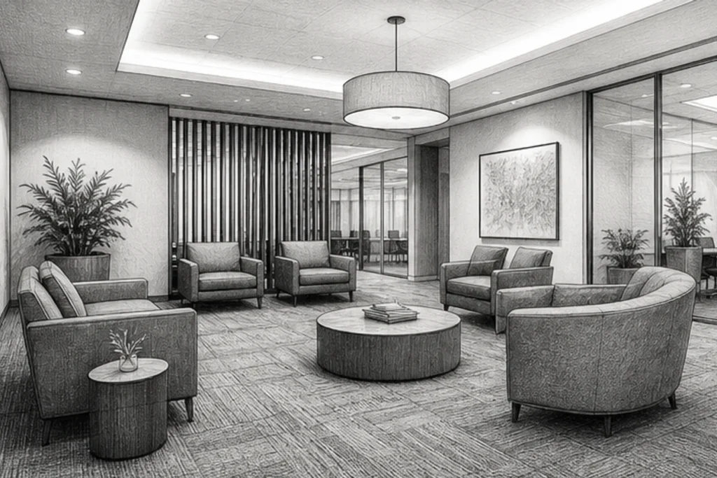 Grayscale illustration of a commercial lounge for comparing day porter and janitorial service