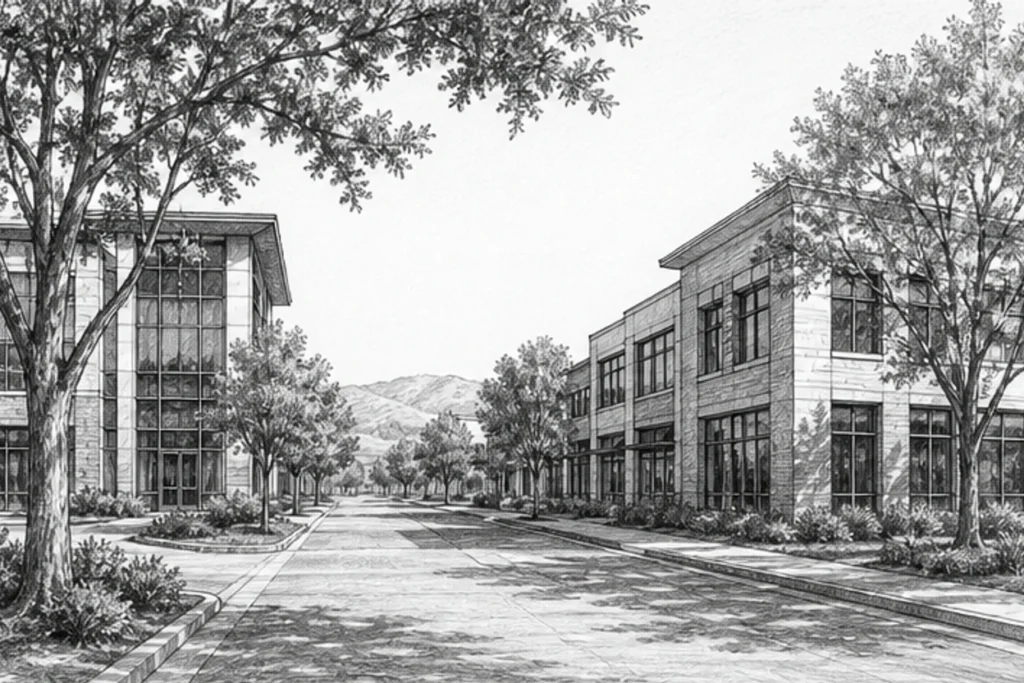 Grayscale illustration of a commercial facility setting for Loom’s San Rafael janitorial service area