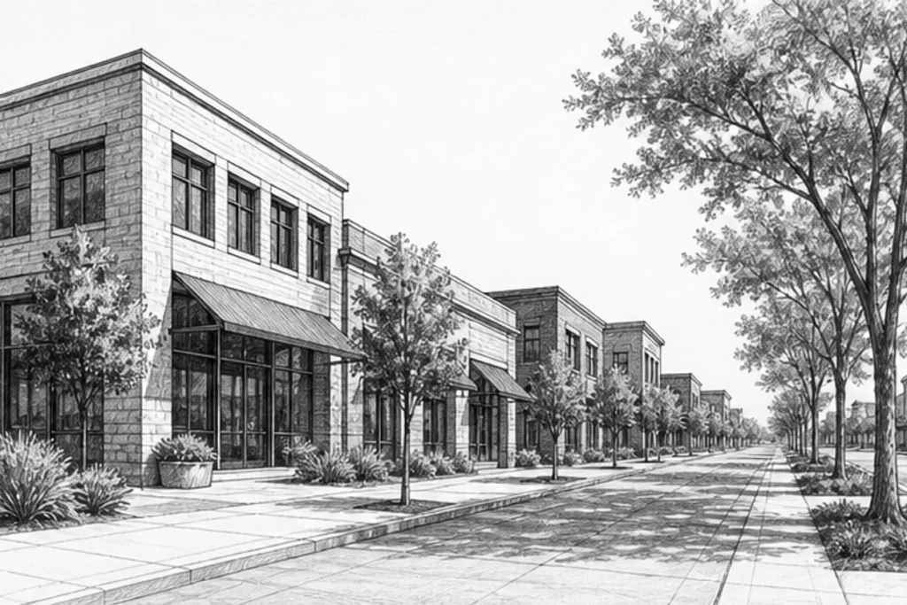 Grayscale illustration of a commercial facility setting for Loom’s Galt janitorial service area