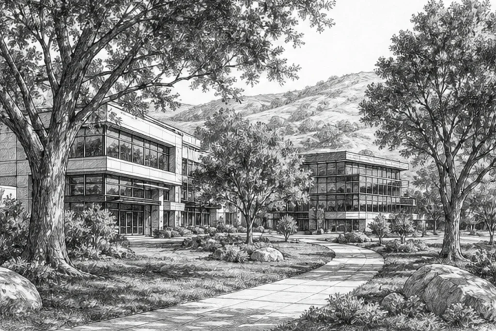Grayscale illustration of a commercial facility setting for Loom’s Truckee janitorial service area