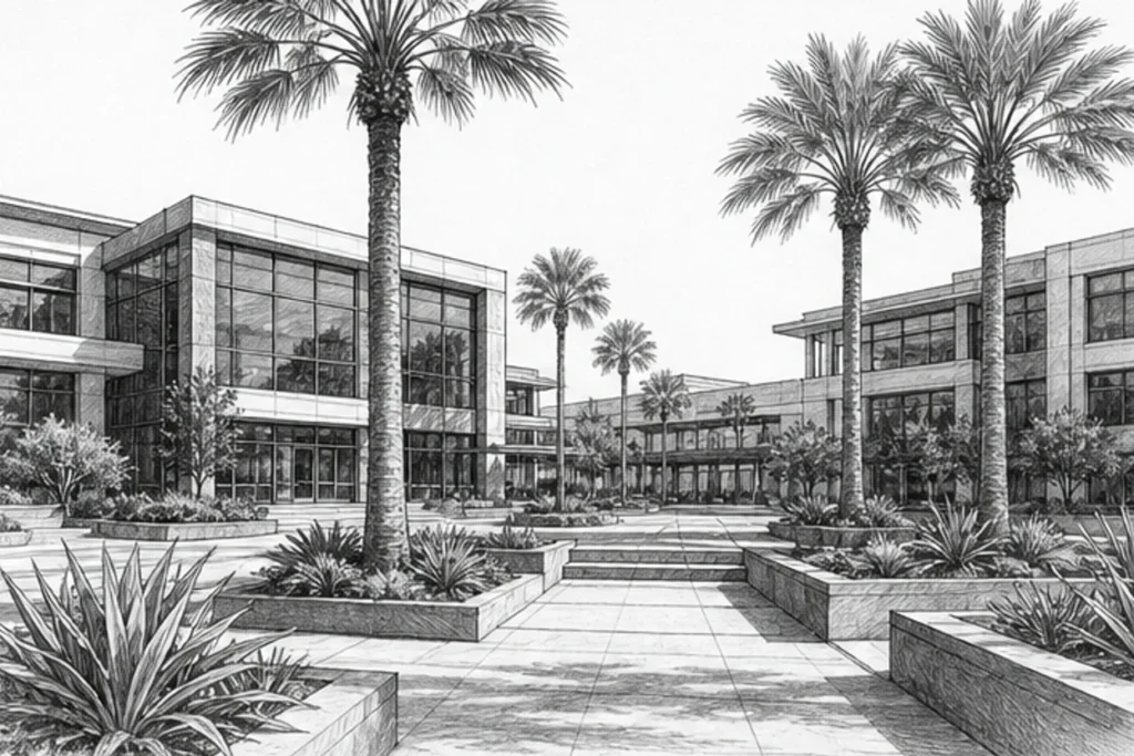 Grayscale illustration of a commercial facility setting for Loom’s Santa Barbara janitorial service area