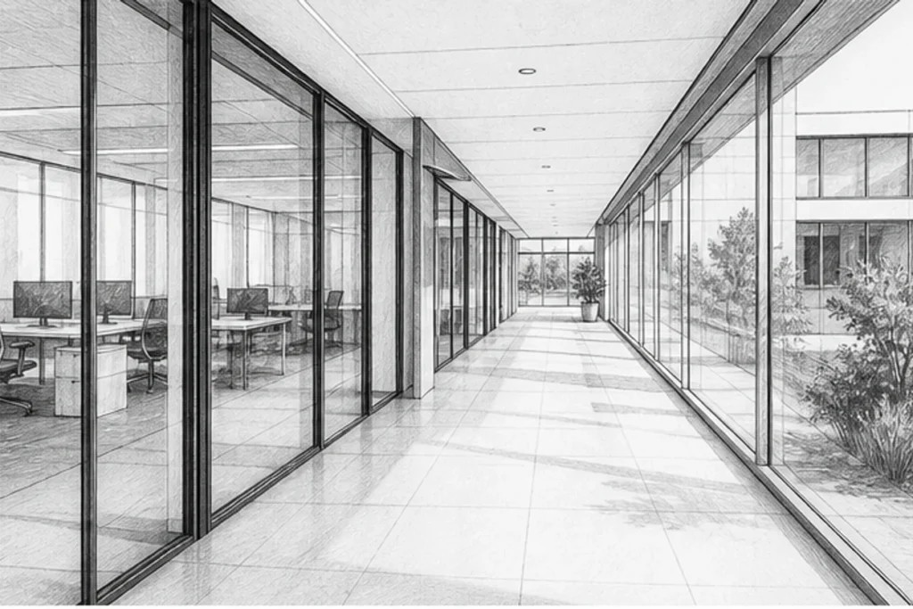 Grayscale illustration of a commercial facility setting for Loom’s Davis janitorial service area