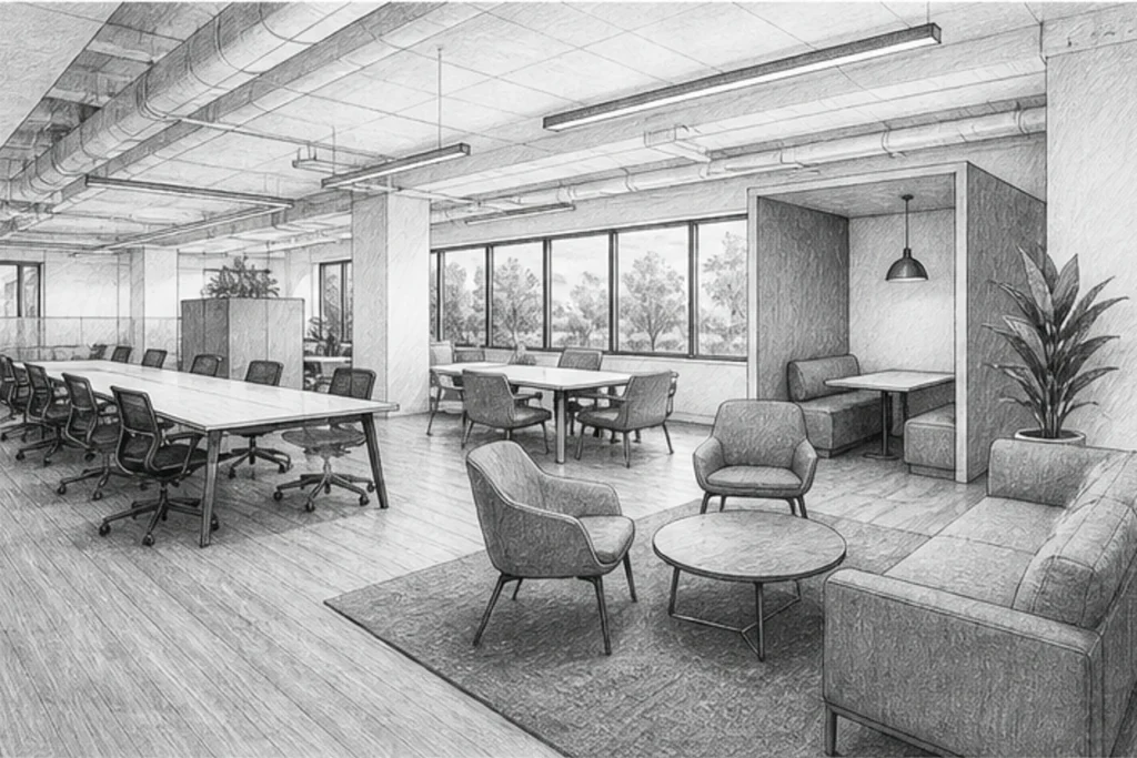 Grayscale illustration of a commercial facility setting for Loom’s Woodland janitorial service area