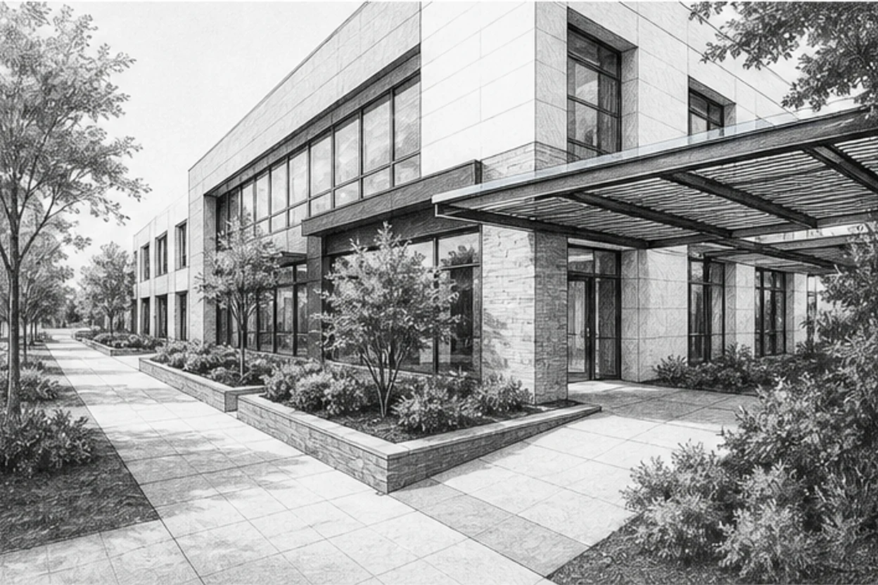 Grayscale illustration of a commercial facility setting for Loom’s Modesto janitorial service area
