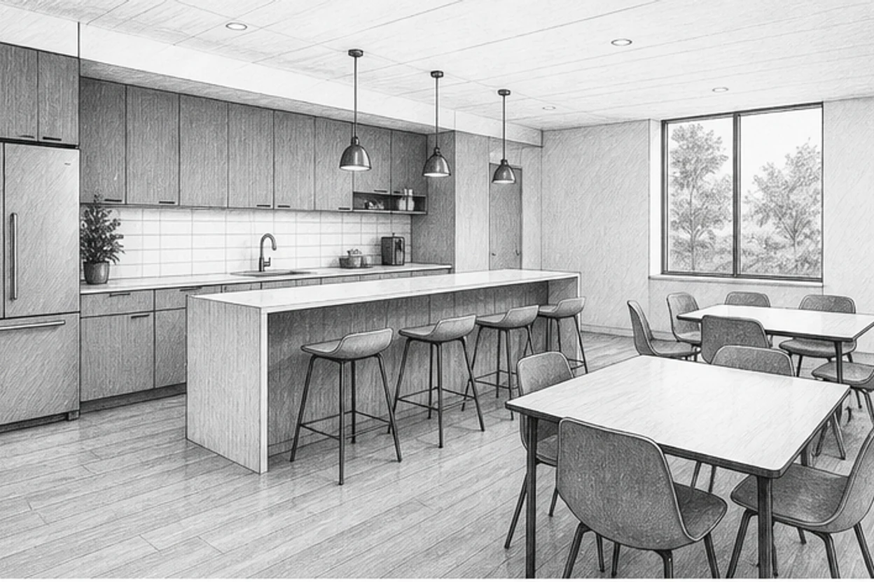 Grayscale pencil illustration of a workplace breakroom