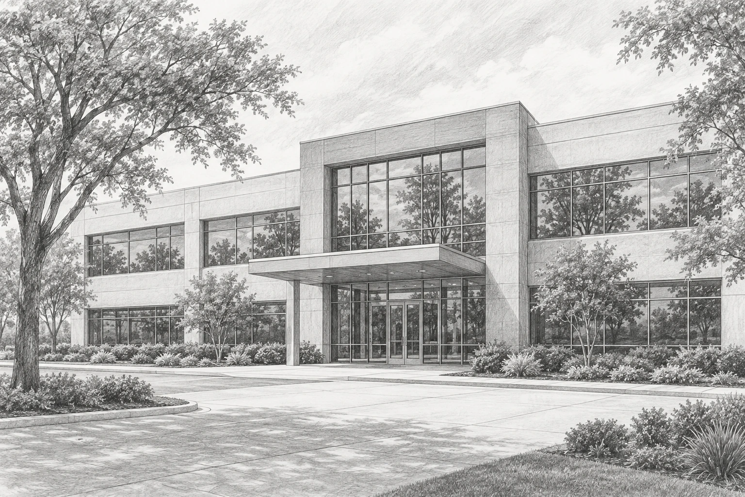 Architectural pencil illustration of a glass-fronted office building framed by trees.